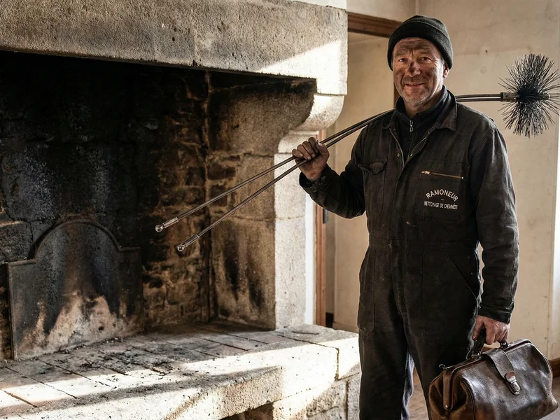 Ramoneur professionnel effectuant un ramonage de conduit de cheminée